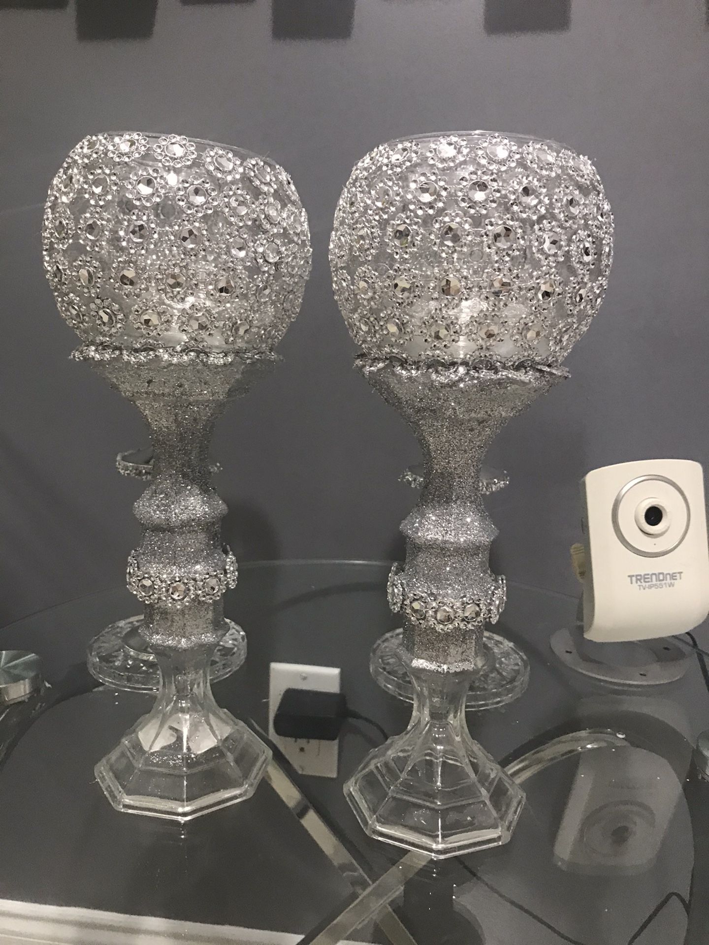 Two clear cut glass candle holders