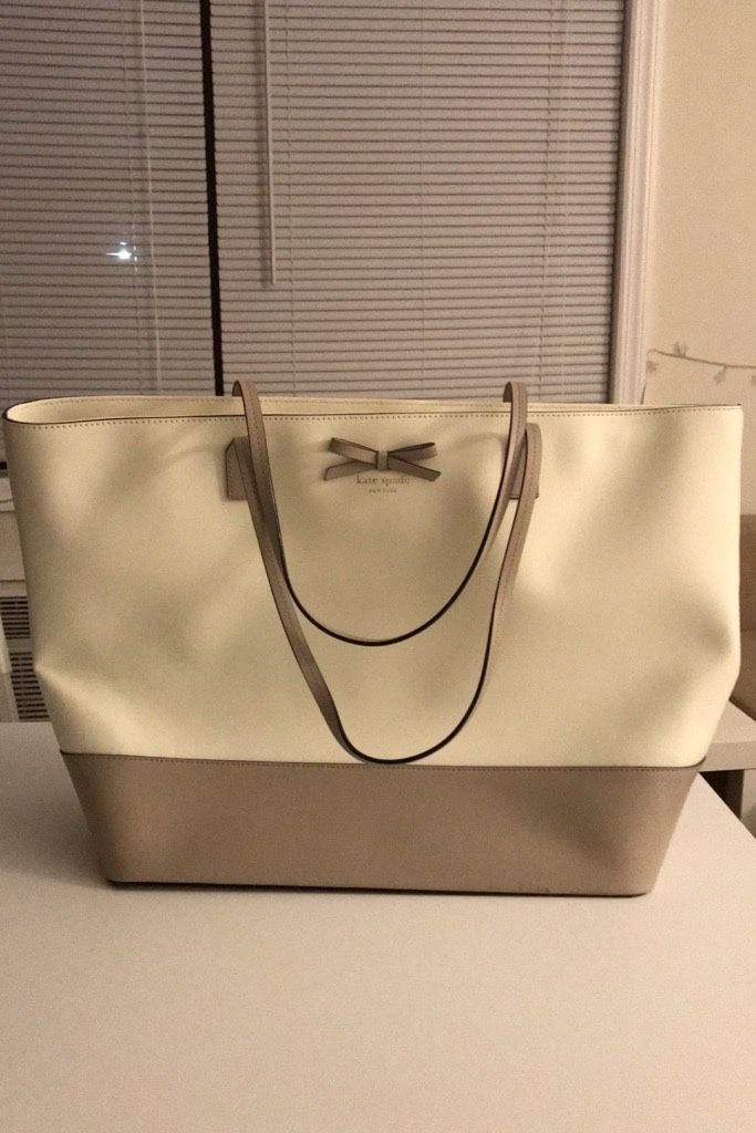 Unused Kate Spade Large Leather Tote Handbag, Cream and Camel Duo Color
