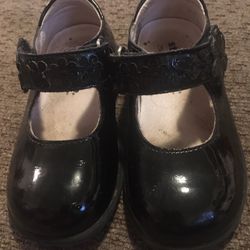 Black Dress Toddler Shoes 6 1/2 Flower Velcro 