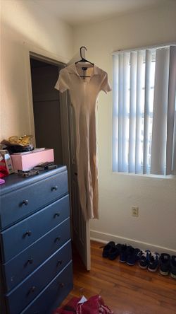 Beige Long Form Fitted Dress With Open Back