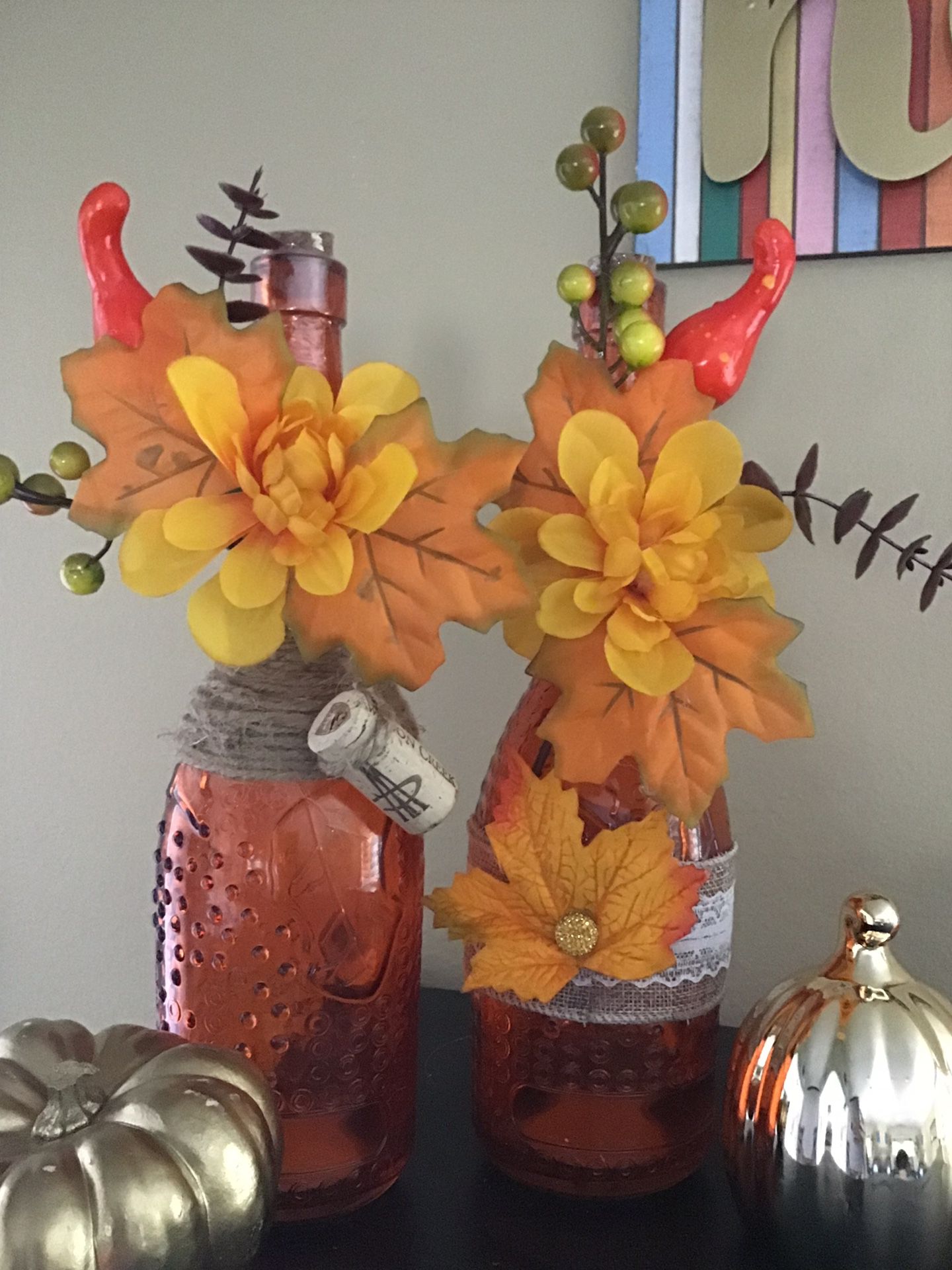 Thanksgiving/Fall home decor glass bottle