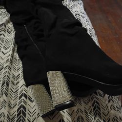 Black Rhinestone Heel Knee Boots 