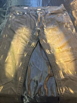 True Religion Ricky Straight Jeans Mens 40 Chantey Black Yellow Paint Splatter