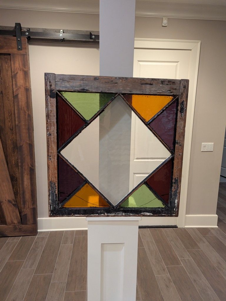 Vintage Farmhouse Stained Glass Window 