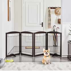 32-inch Tall Dog Gate Extra Wide Pet Gate for Dogs Indoor Foldable Wire & Wooden Puppy Safety Fence w/2 Support Feet,Freestanding Dog Gate for The Hou