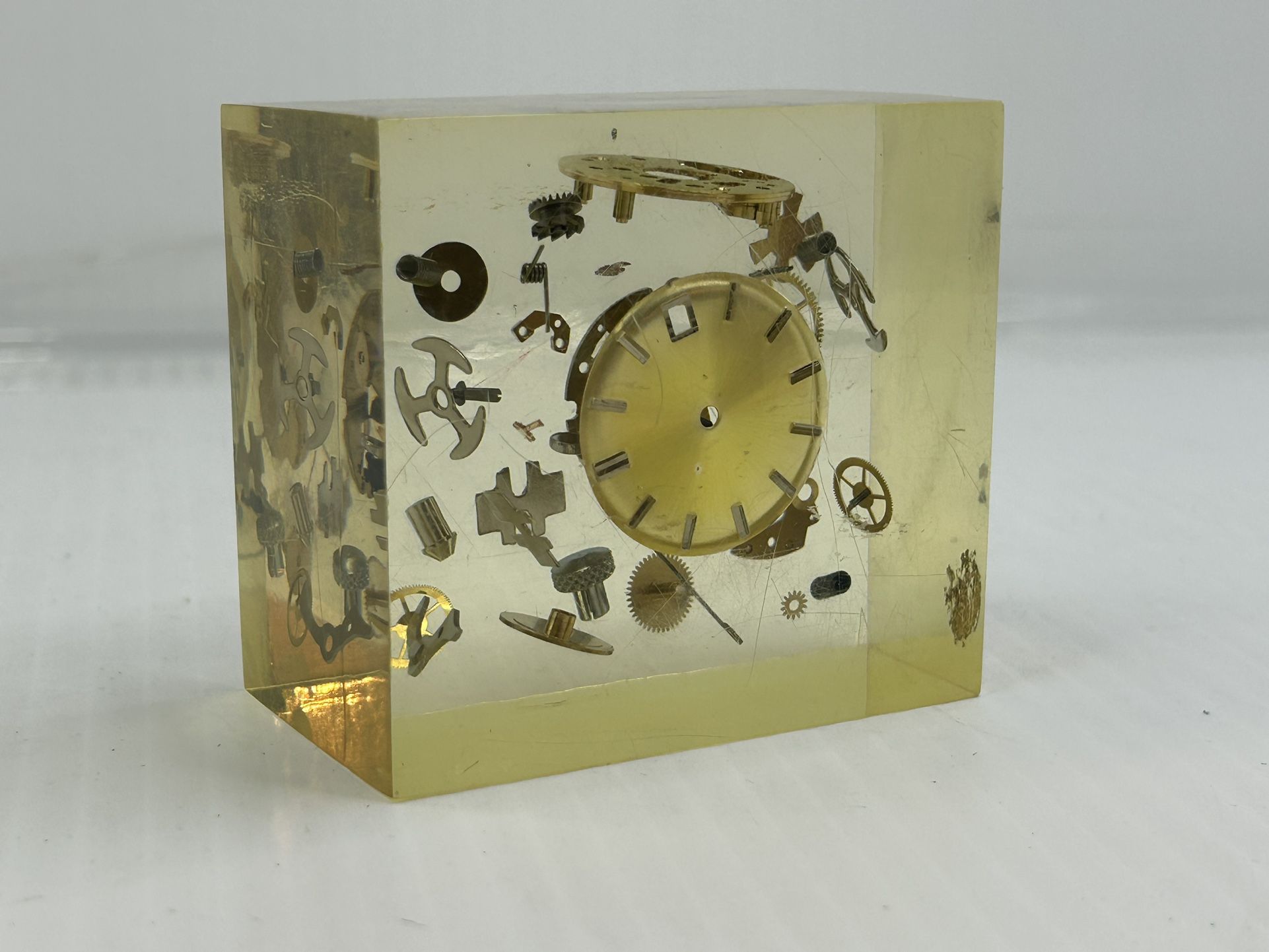 Vintage Lucite Acrylic Paperweight Suspended "Exploded" Watch Parts Clear & Gold