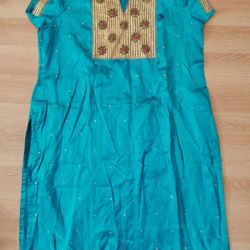 Turquoise Embellished Kurta with Gold Yoke And Pink crystals