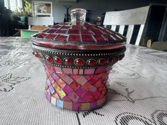 Vintage Pier 1 Imports Heavy Red Mosaic Glass Trinket Box 