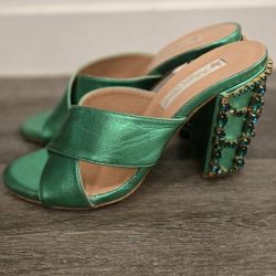 Metallic Emerald Green  Jeweled  Mule Sandals (Valentina Sentell) Sz 39