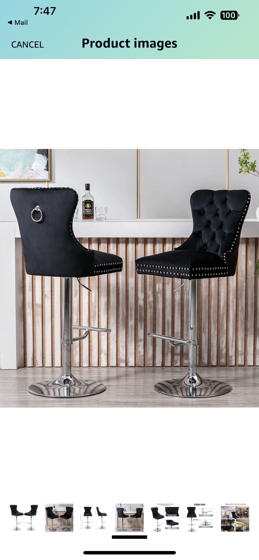 Elegant Style Black Velvet Swivel Bar Stools