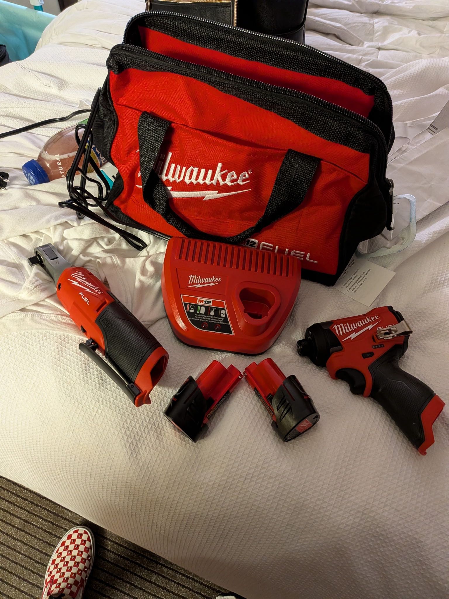 M12 FUEL 12V Lithium-Ion Cordless 3/8 in. Ratchet and 1/4 in. Impact Driver Kit (2-Tool) w/Batteries, Charger & Bag 