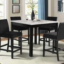 5 pc faux marble top counter height dining table set black velvet chairs.