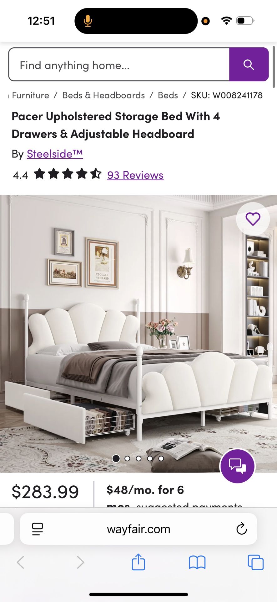 Full Bed Frame - Pacer Upholstered Storage Bed With 4 Drawers & Adjustable Headboard