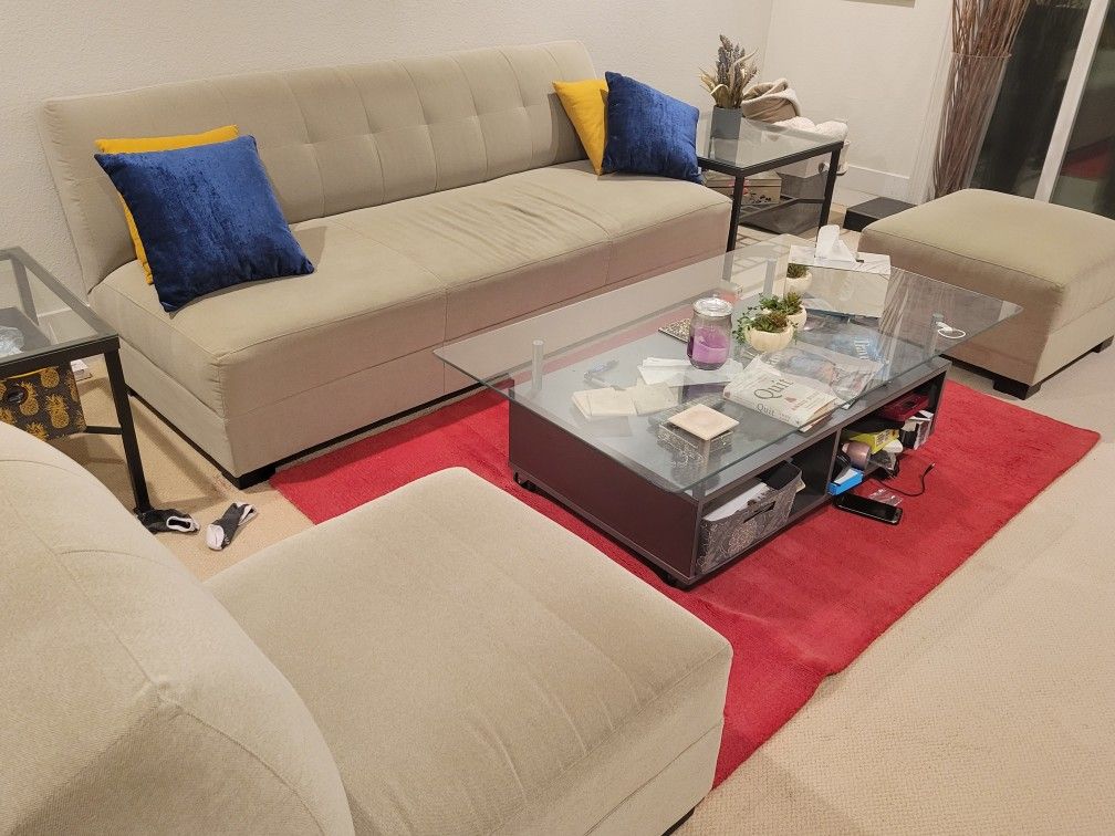 Beige Crate & Barrel Sofa Couch Set with Chaise Side Chair