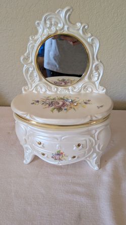 Porcelain Vanity-Style Jewelry Box with Mirror – Hand-Painted, Brand New
