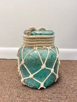 Teal Glass Jar with Rope Net Wrap