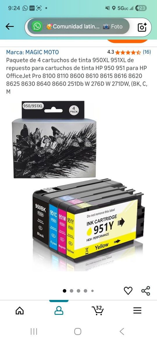 Pack of 4 spare 950XL 951XL ink cartridges for HP 950 951 ink cartridges
