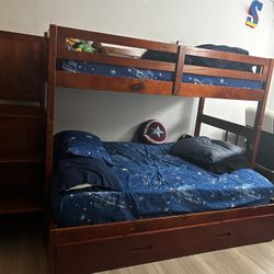 3 level wood bunk bed twin over full  with 3 drawers .2 mattress included