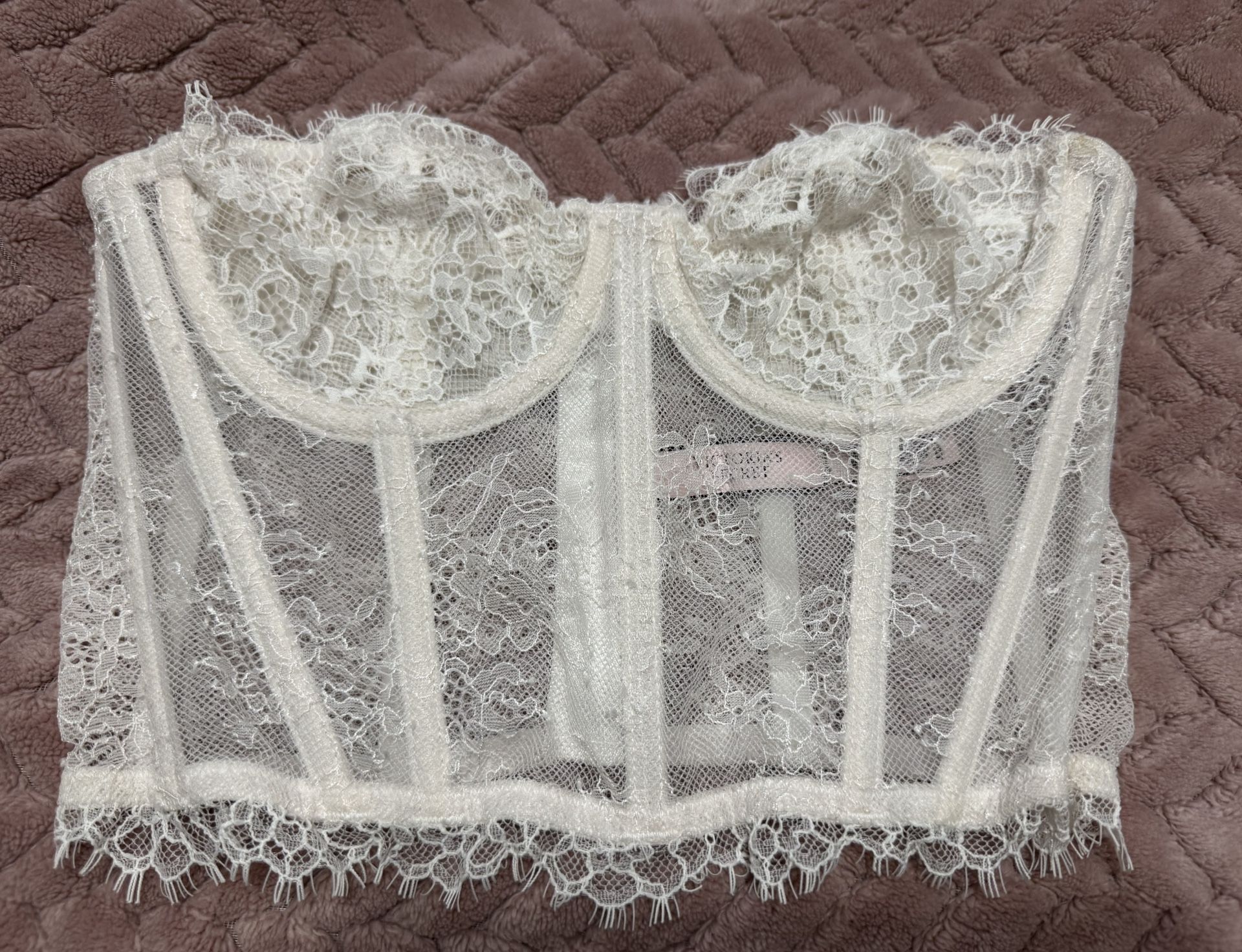 Victoria’s Secret Corset Long Line Bra Crop Top Strapless White Lace Size 32B