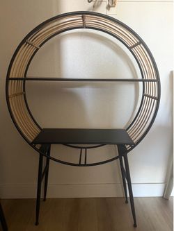 Modern Black & Natural Rattan Round Plant Stand / Display Shelf