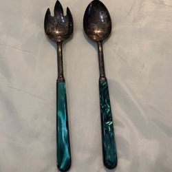 Vintage Green Marbled Handles 2 Piece Salad Serving Set Green 13” Sliver Plated 