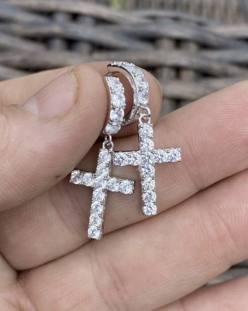 925 sterling silver Lab diamond Cross hoop earrings aretes