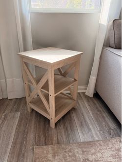 2-Tier Square End Table, 24'' Sofa Couch Side Table with Storage Shelf & X-Frame, Farmhouse
