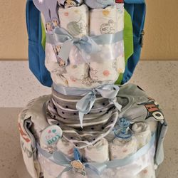3 Tier Mickey Diaper Cake 6-9 mo boy blue Set Includes 10 pieces +50 diapers