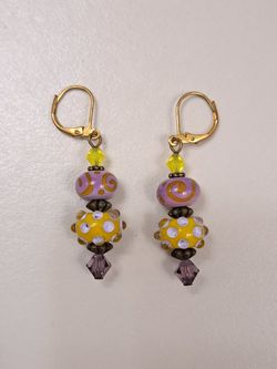 Lampwork Glass Beads w/ Swarovski Crystals Leverback Dangle Pierced Earrings