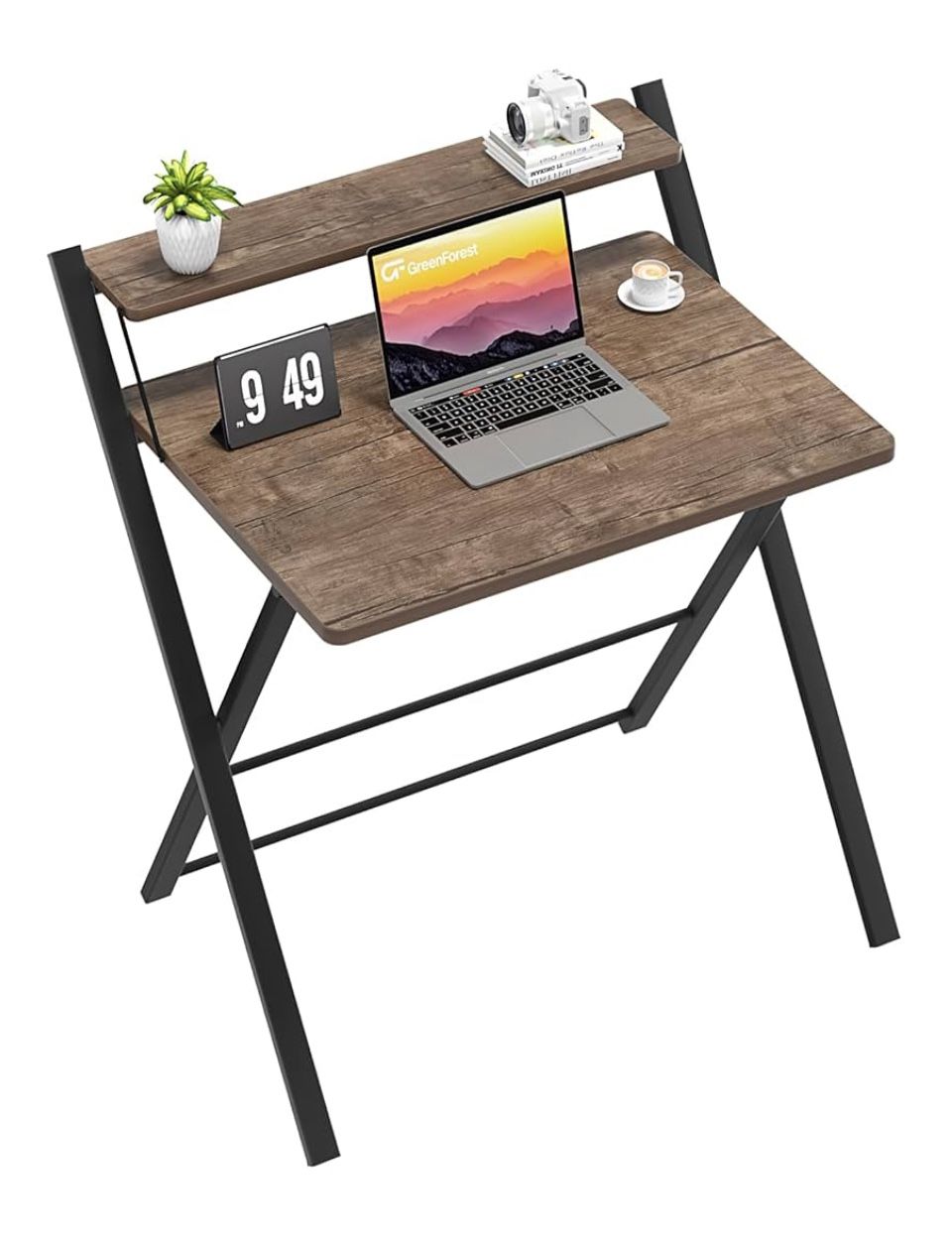 GreenForest No Assembly Folding Desk, 2-Tier Compact Computer Desk with Shelf, Space Saving Foldable Table for Home Office, Dorm or Apartment, Portabl