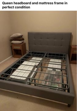 Queen Upholstered Headboard and Metal Bed Frame