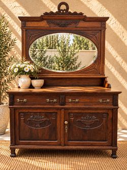 Antique Garden House • Carved Oak Buffet & Mirror