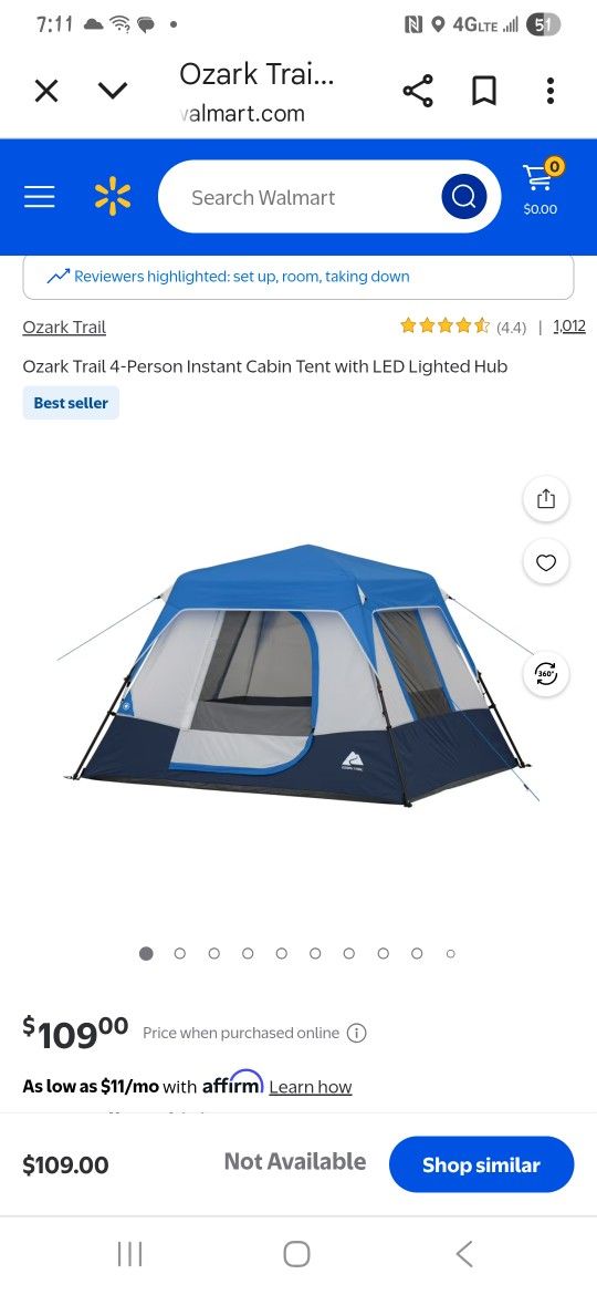Ozark Trail- 4 Person Instant Cabin Tent With LED Lighted Hub