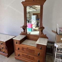 Vintage Antique Victorian Eastlake Marble Top Wood Dresser With Ornate Mirror