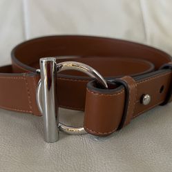 Lauren Ralph Lauren Leather Toggle Skinny Belt in a brown/tan color with a silver-tone ring closure, New