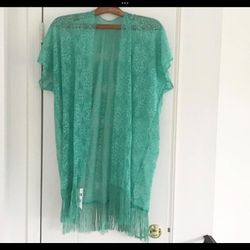 NEW Women’s Lace Teal Kimono Cruise Club Beach Poolside Cover Adult One Size Fits Most Fringe w/ Tags