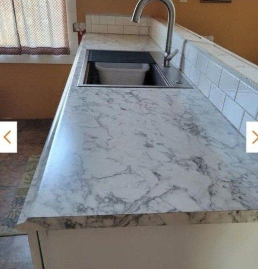 Wilsonart 8 ft Straight Laminate Countertop Kit Included in Gloss Calcutta Marble with Full Wrap Ogee Edge & Backsplash