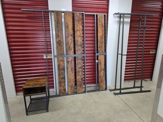 Walker Edison Queen Industrial Metal & Wood Panel Bed Frame + Matching Nightstand Combo Set