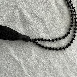 Jet Black Beaded Necklace With Silk Thread Tassel. 