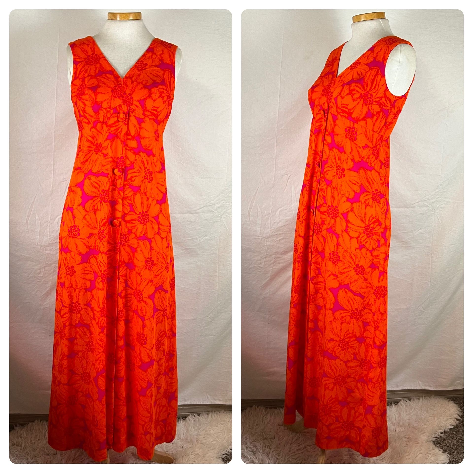 Vintage 70s Tropicana Hawaii Retro Floral Sleeveless Maxi Dress Sundress Size S