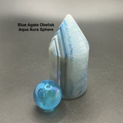 Blue Agate Point/Obelisk (Dyed) & Aqua Aura Mini Sphere 2pcs 162.9g Total