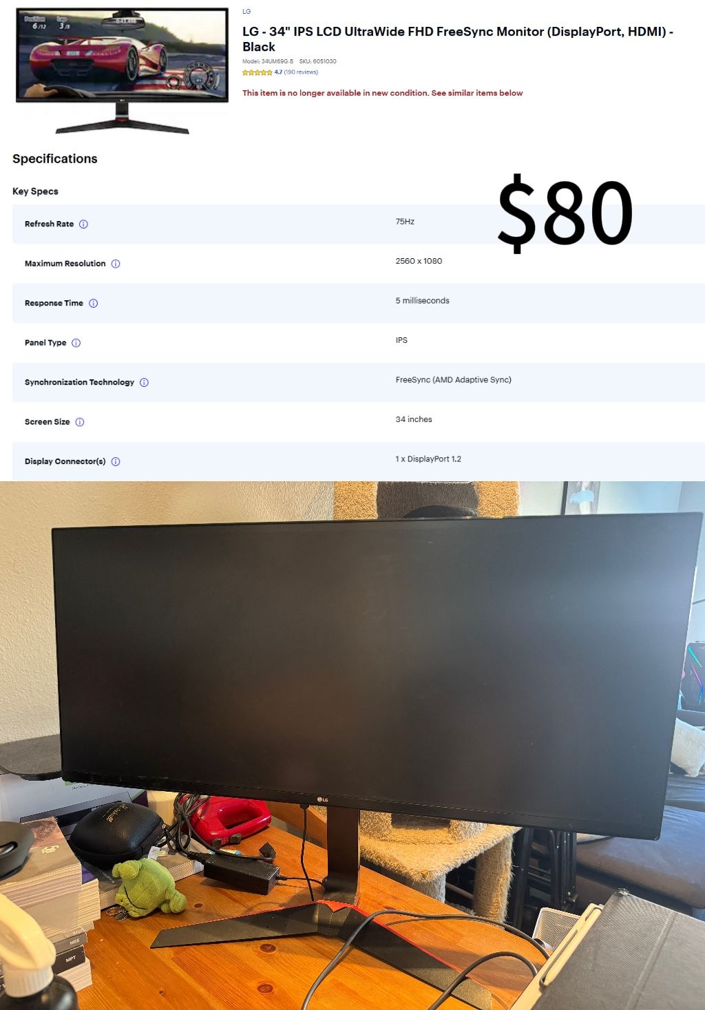 LG 34” IPS LCD Ultrawide FHD Freesync Monitor