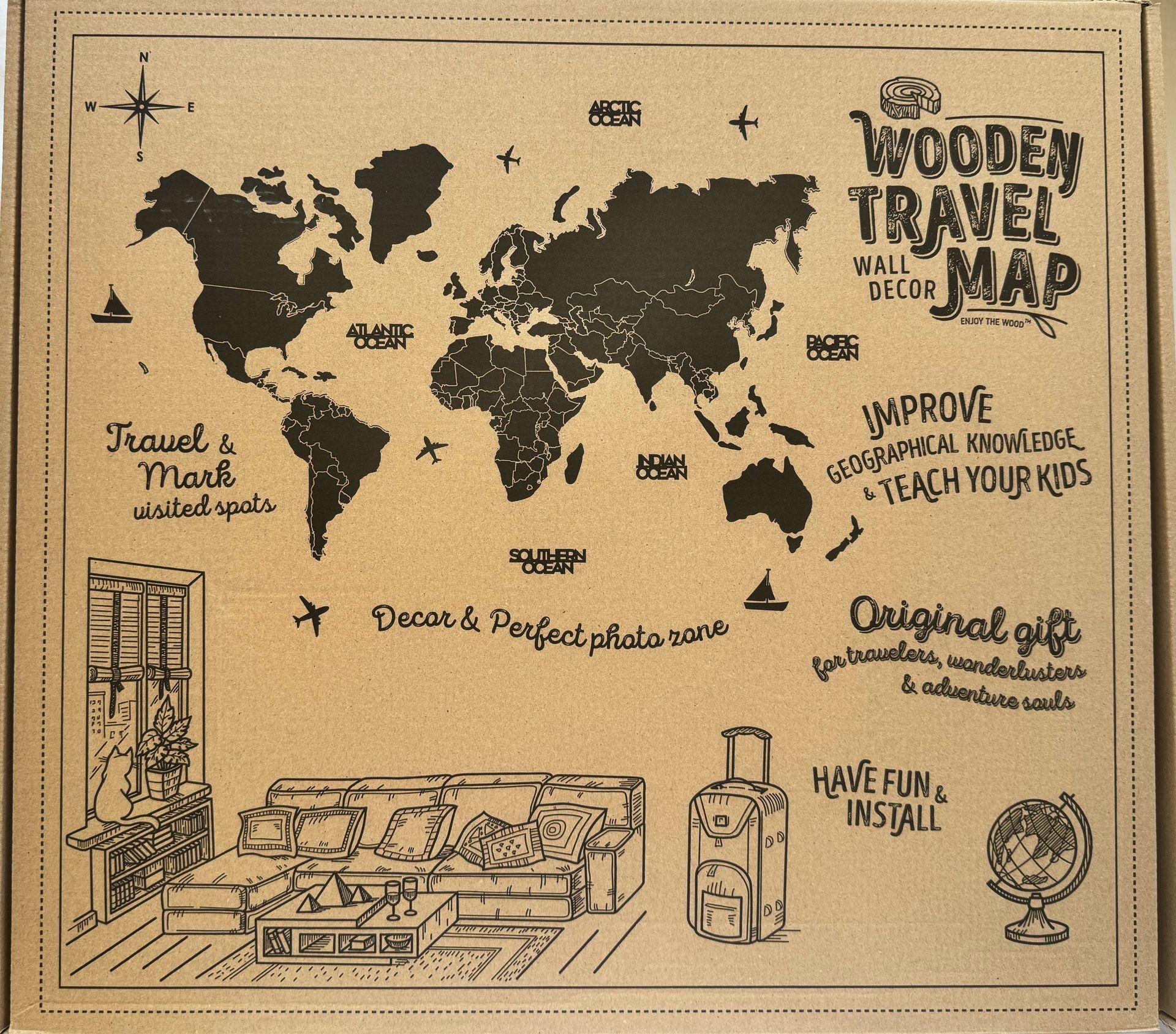 Wood World Map Wall Art