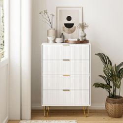New Tall Fluted 4 Drawer Dresser Chest with Gold Handles