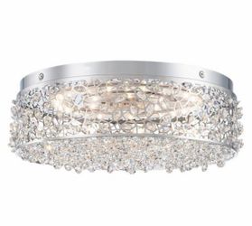 14.17 in. 20-Watt Modern Small Chrome Drum Integrated LED Flush Mount Ceiling Light with Beaded Crystal Shade