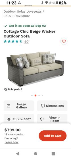 Cottage Chic Beige Wicker Outdoor Sofa three seater patio sofa brand new in the box deep seating cushions so that Bob's furniture high quality luxury