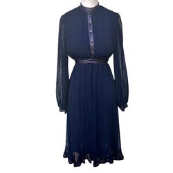 Vintage RSVP Neiman Marcus Dress Chiffon Navy Blue Long Sleeve  Women’s Sz XS