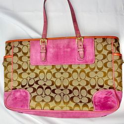 Coach Purse Large Tote Pink Suede Leather & Tan Canvas 