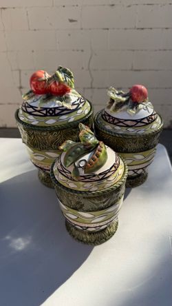 Three Ornate Vintage Ceramic / Majolica Lidded Boxes with Fruit/Vegetable Tops