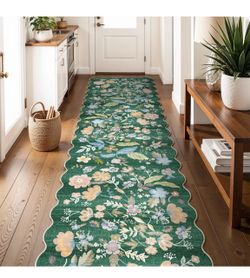3x12 Washable Hallway Runner Rug: Non Slip Floral Scalloped Runner Rugs for Kitchen 12ft Long Floor Mat for Indoor Entryway Boho Carpet Runner for Liv